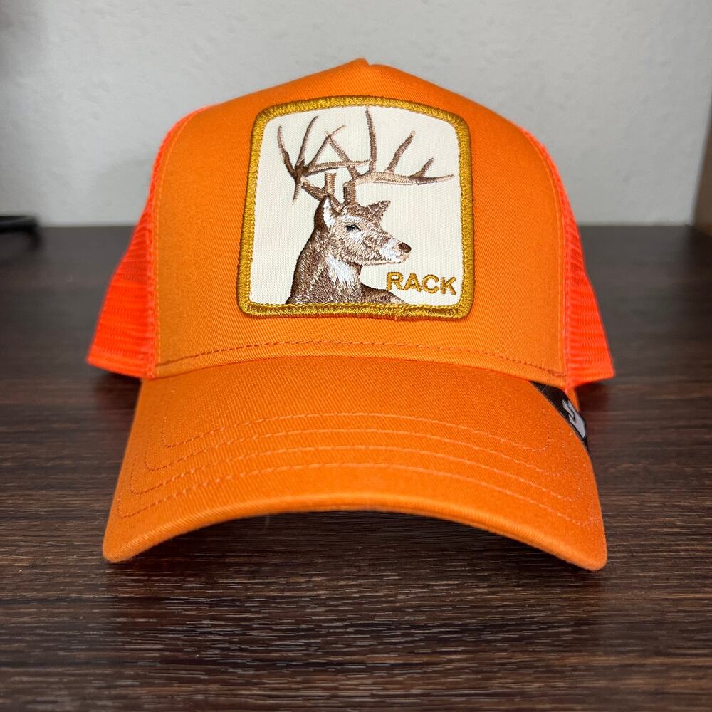 The Farm Rack Deer Trucker Hat Blaze Orange Snapback Hunting Cap